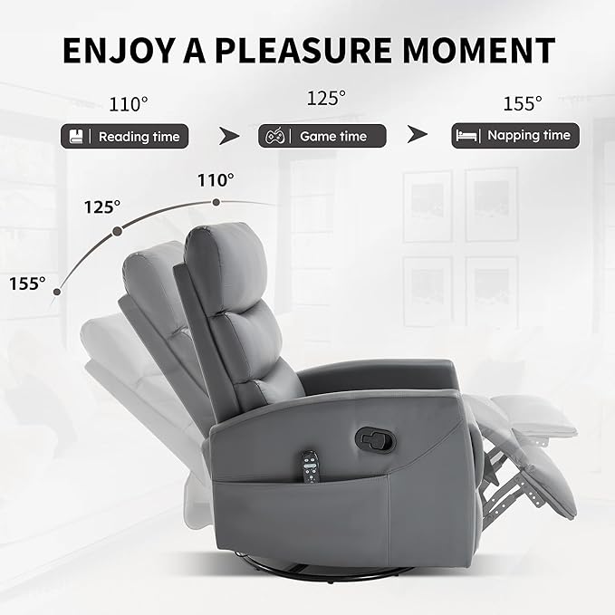PELUMY Massage Recliner Chair with Heat - Manual Rocker Swivel Recliner, 360° Rotation & 155° Recline for Living Room（Breathable Leather, Grey）