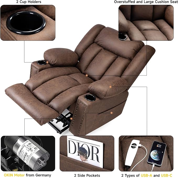 Large Power Lift Chair Recliner for Elderly with Heated and Massage, Overstuffed Adjustable Lift Chair, 3 Position, Breathable Leather, USB-A&USB-C, Cup Holder (Small-7523, Chocolate)
