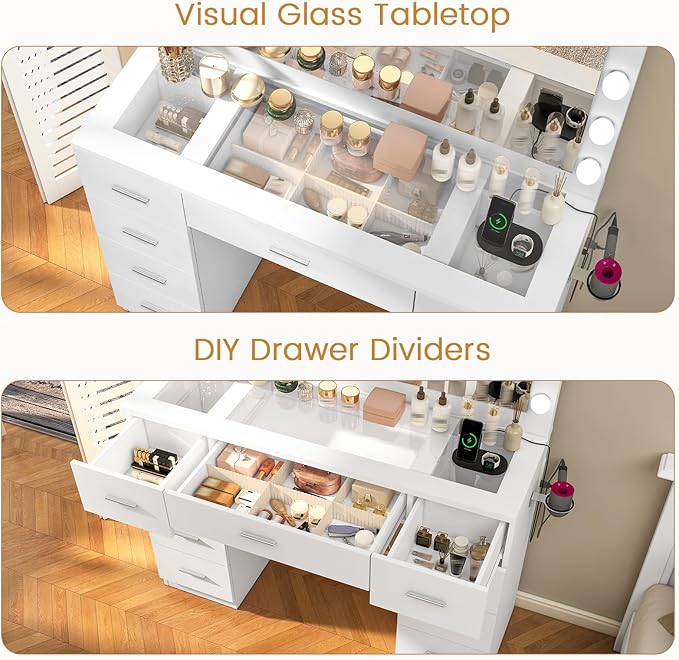 Quimoo Vanity Desk with Large Lighted Mirror and Power Outlet, 46" Makeup Vanity with 9 Drawers and Glass Desktop, Vanity Table with 12 LED Lights, 3 Lighting Color Adjustable, White