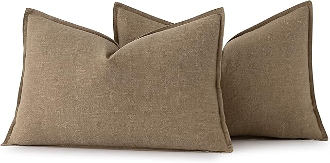 MIULEE Decorative Linen Lumbar Pillow Covers 12x20 Inch Khaki Boho FarmhouseNeutral Couch Throw Pillows for Bed Pack of 2 Accent Modern Pillowcase Sofa Livingroom Home Decor
