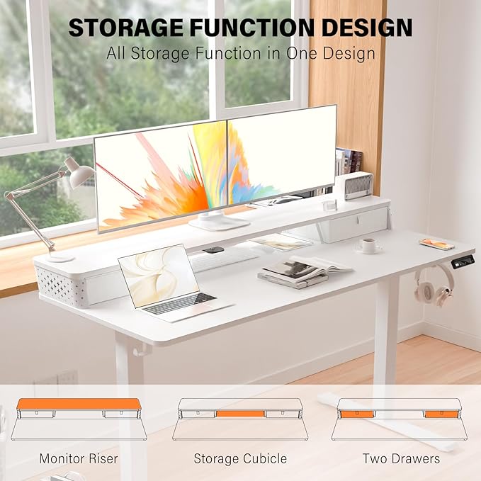 Electric Standing Desk with 2 Drawers 55''x 24'' Adjustable Height Sit to Stand Up Desk with Storage Shelf, C-Clamp Mount Compatible White Home Office Desks Computer Gaming Table Ergonomic Workstation