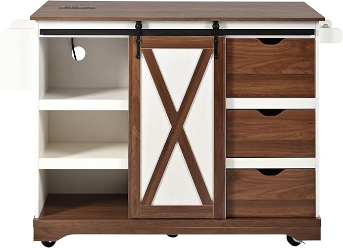 55'' Kitchen Island Cart on Wheels with Drop Leaf Countertop, Mobile Kitchen Island Carts with Power Outlet, Rolling Kitchen Table with Storage, Spice Rack, Towel Rack, and Drawer (White)