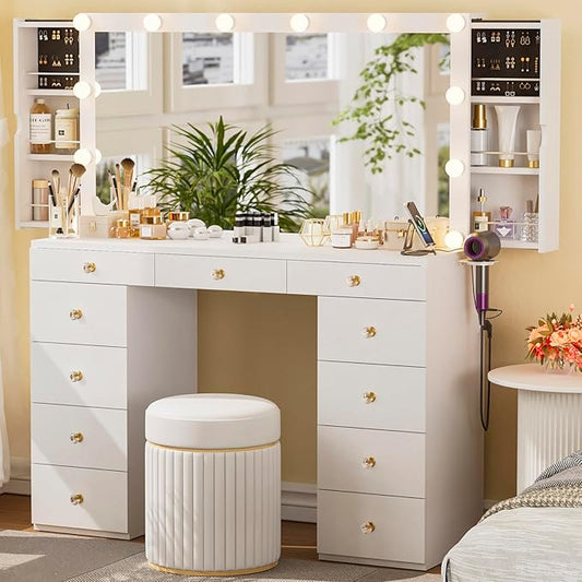 Likein Vanity Desk with Mirror and Lights, White Vanity with Hidden Jewelry Storage Cabinet, Charging Station, 11 Drawers Makeup Vanity with Lights, Crystal Knobs, 3 Color Lighting Modes for Girls