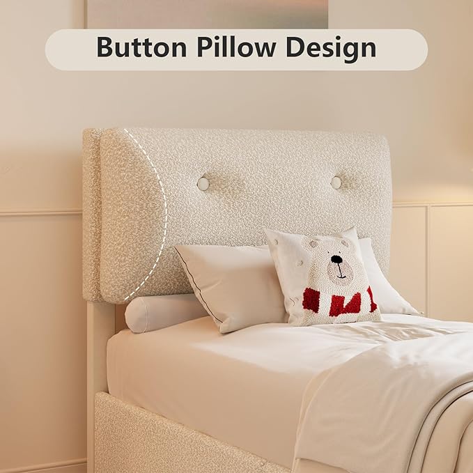 Twin Bed Frames,Breathable Boucle Fabric Upholstered Bed Frame Twin with Headboard,Removable and Washable,Wood Slat Support,No Box Spring Needed,Easy Assembly,Cama Individual,Beige