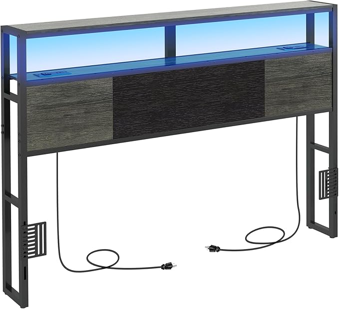 Headboard Queen Size, Headboards with Charging Station, USB Port and LED Light, Head Board with 2-Tier Storage Shelf, Adjustable Height, Easy Assembly, Sturdy and Stable, Black