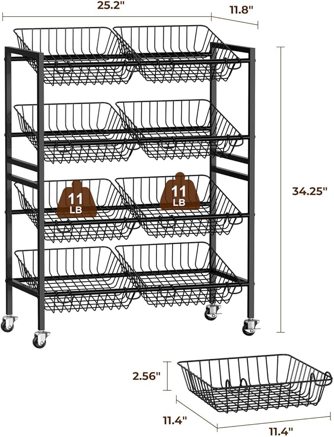 25.2''W Kitchen Storage Cart, Rolling Snack Cart, 4 Tier Fruit Basket Stand, Metal Pantry Storage with 8 Stackable Wire Baskets, Black
