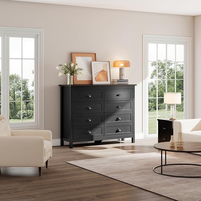 Black Dresser for Bedroom, Farmhouse 8 Drawer Double Dresser with Vintage Antique Handles, Modern Tall Dressers and Chest of Drawers for Bedroom