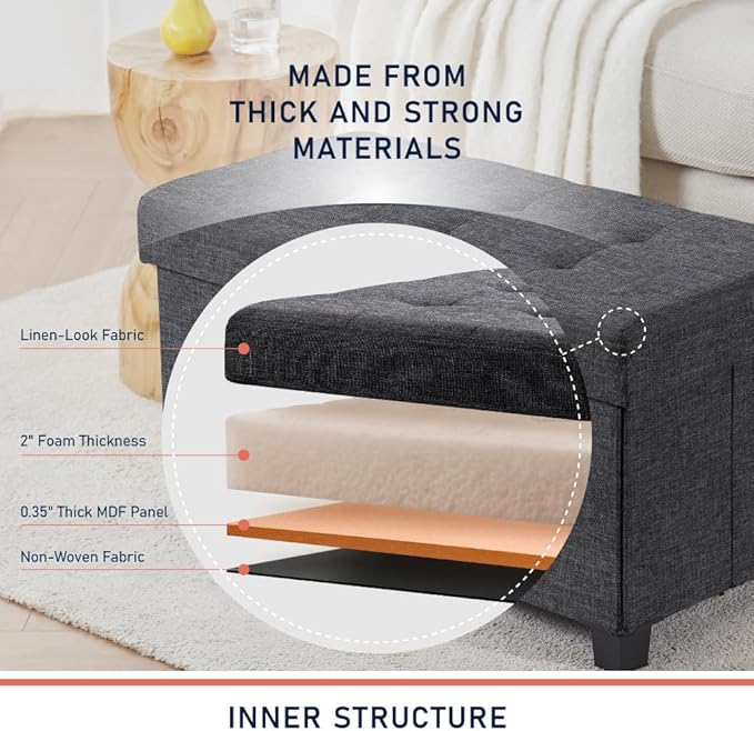 Ornavo Home 30 Inch Storage Ottoman, Large Storage Bench, Ottoman with Storage with Legs, Foot Rest Stool, Bedroom Bench - Dark Gray