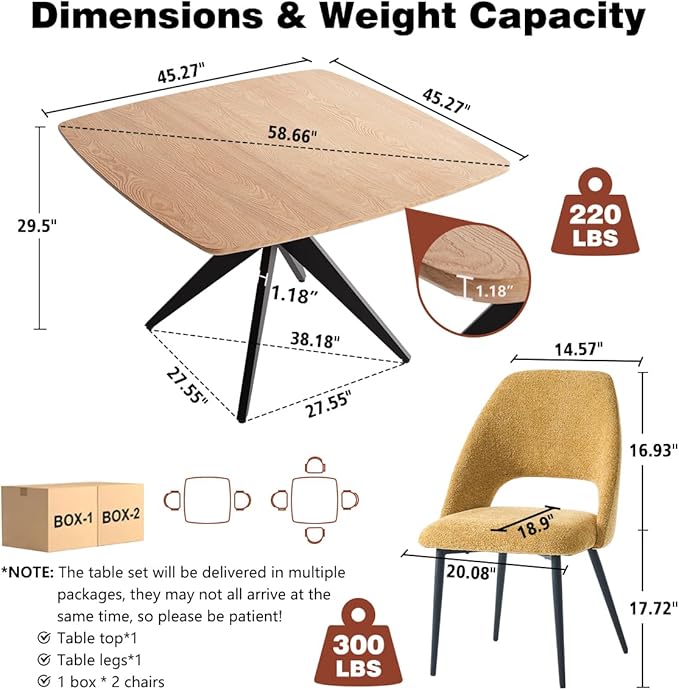 Kidol & Shellder 45.2" Square Dining Table Set for 2-4 People Modern MDF Wooden Dining Room Table with X-Shaped Metal Base Kitchen Table（Natural Table+4pcs Yellow Chairs）