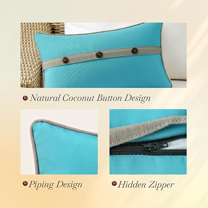 Outdoor Sunbrella Decorative Pillows with Triple Coconut Buttons Pack of 4, 20" x 12" Outdoor Pillow Set for Couch Bed Throw Patio Sofa, Canvas Aruba/Cast Ash