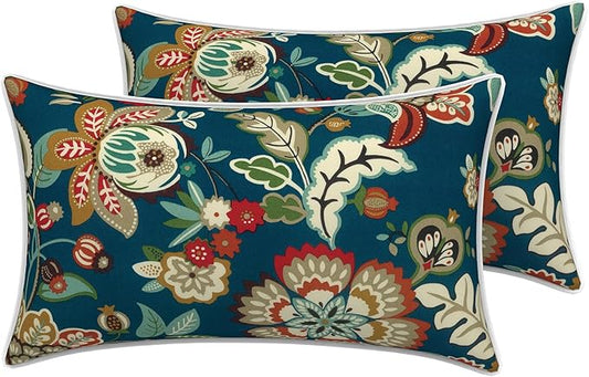 LVTXIII Outdoor Lumbar Pillow Covers 12"x20", Covers ONLY, 2 Pack 30x50cm Lumbar Cushion Cover with White Piping for Home Patio Garden Sofa Bench, Peacock Blue