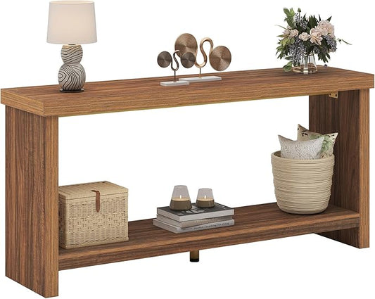 63 Inches Narrow Console Table, 2-Tier Long Sofa Tables Behind Couch Table, Farmhouse Foyer Tables for Entryway, Hallway, Living Room, Rustic Brown