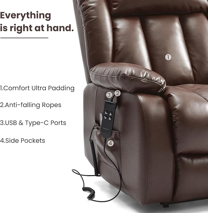 PARKOL Large Breathing Leather Infinite Position Power Lay Flat Lift Recliner Chairs for Elderly, Dual Motor with Massage and Heating,Extended Footrest,USB & Type-C Port and Remote Brown
