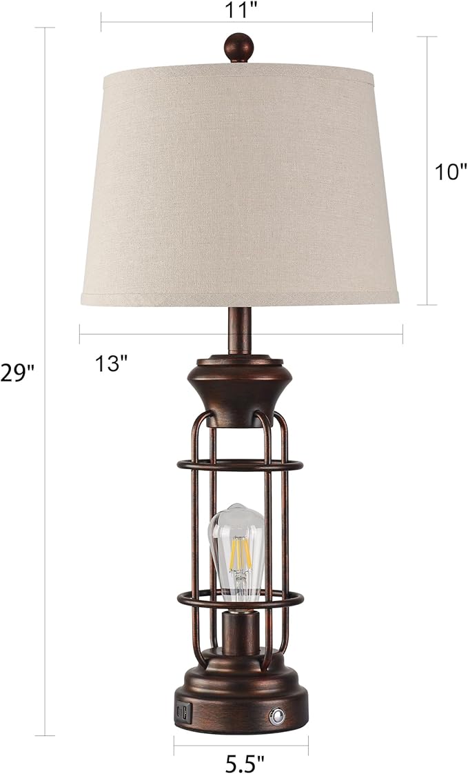 Table Lamps for Living Room Set of 2, 28.5" Farmhouse Lamps for Nightstand with USB C+A Ports, Touch Lamps for Bedroom, LED Bulbs Included
