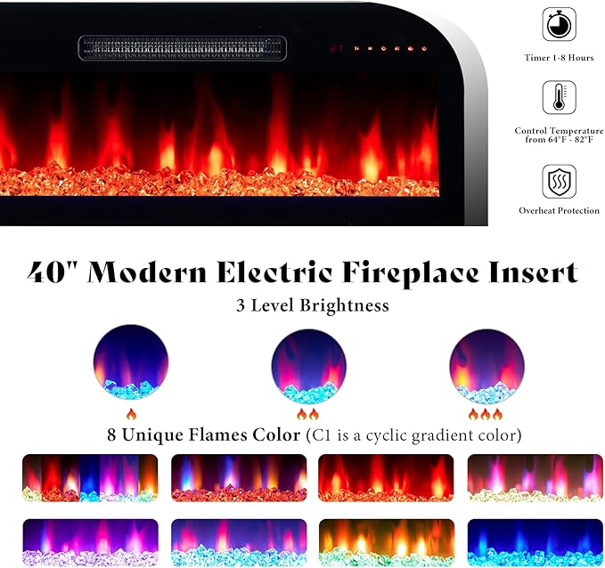 AMERLIFE Glossy Oak Fireplace TV Stand with 40" Fireplace, 80" LED Lights Entertainment Center with Flip Doors & Corner Glass Decor, Modern TV Console Table for TVs up to 90", Living Room, Black