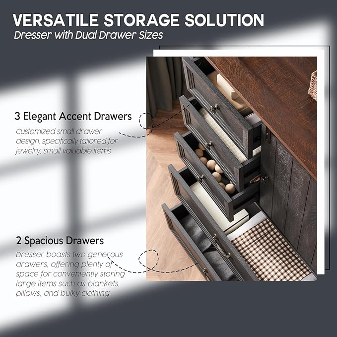 Farmhouse 5 Drawers Dresser for Bedroom, 47" Tall Chest of Drawers w/Sliding Barn Door, Rustic Wood Dressers Organizer w/Adjustable Shelves for Bedroom, Hallway, Living Room, Kitchen, Dark Grey