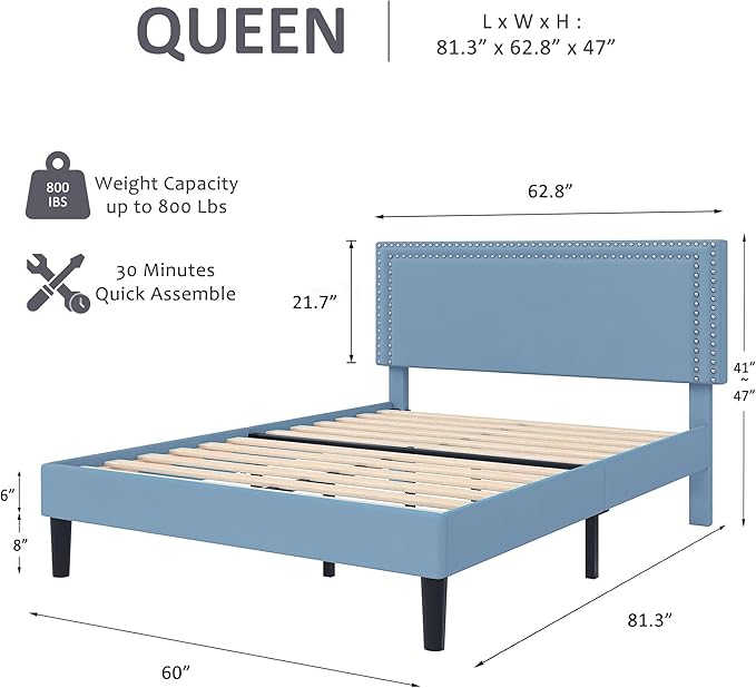 VECELO Queen Size Bed Frame with Adjustable Upholstered Headboard, Wooden Slats Platform, Noise-Free Design, Easy Assembly