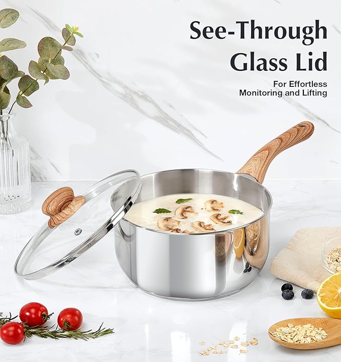 KOCH SYSTEME CS Stainless Steel Saucepan, 3 Quart Sauce Pan with Lid & Cool-Touch Bakelite Handle, 3 QT Saucepan with Lid, Induction Sauce Pan, Stainless Steel Pot 3 Quart