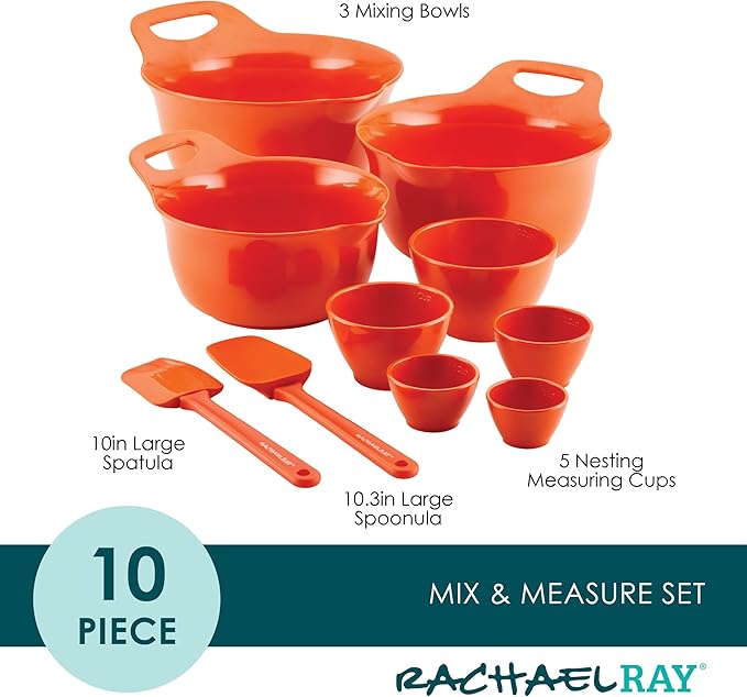 Rachael Ray Pantryware Mixing Bowl Measuring Cup and Utensil Set, 10 Piece, Orange