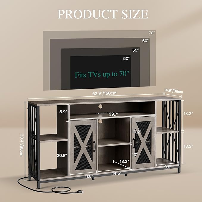 YITAHOME TV Stand for 70/65 Inch TV, 33.5'' Tall TV Stands for Living Room, Entertainment Center with Storage, LED TV Stand with Power Outlets, TV Media Console Cabinet, Grey