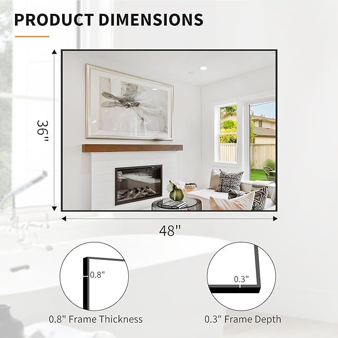 KOCUUY Bathroom Mirror Black,48x36 inch Rectangle Wall Mirror with Metal Frame, Black Vanity Mirror Modern Home Decor for Bathroom, Living Room, Farmhouse, Entryway, Hang Horizontal/Vertical