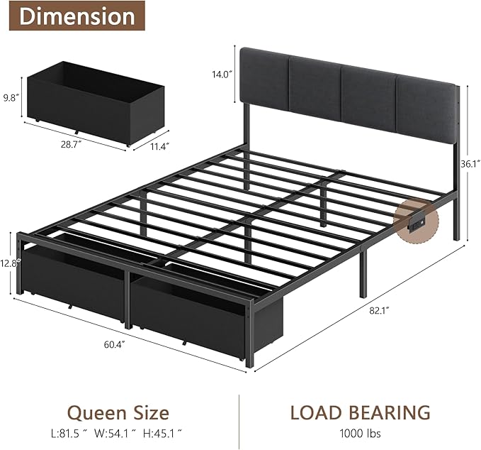 Furnulem Queen Bed Frame with Storage, Upholstered Bed Frame Queen Size with LED Light,USB Charging Station,Platform Bedframe with 2 Fabric Underbed Storage Drawers,No Spring Box Needed,Noise Free