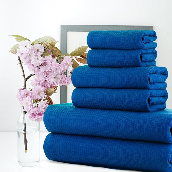 CASA COPENHAGEN Waffle Towel, 6Pieces 100% Cotton Large Towel Set- Electric Blue, 2Bath 2Hand 2Washcloths Instant Absorb and Dry, Soft Strong Towels for Hotel Spa Kitchen Bathroom & Shower