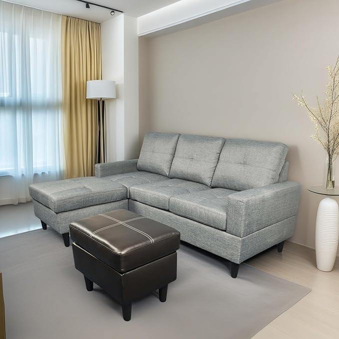 L Shaped Sofa with Ottoman, Modern Faux Leather Couch with Chaise, 3 Seat Living Room Sofa Set with Solid Wood, for Home, Apartment, Study Room, Brown Grey