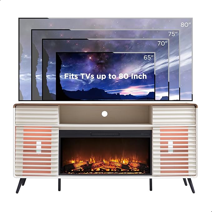 RedLemon Fireplace TV Stand for 80 Inch TV, Mid Century Modern Entertainment Center with 36" Electric Fireplace & Led Lights, Wood Media Console w/Slatted Sliding Doors for Living Room, Antique White