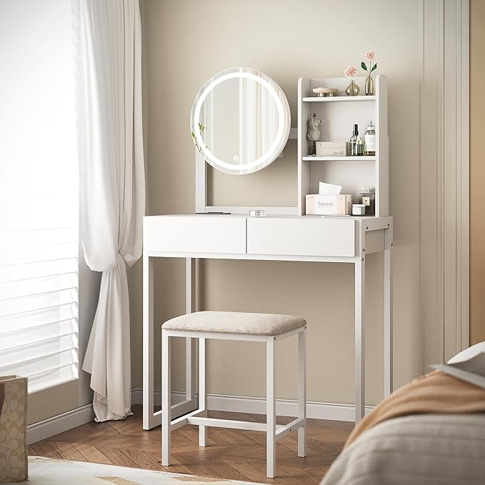 Small Vanity Desk with Mirror and Lights, Makeup Vanity Table with LED Mirror, 3 Lighting Modes, Power Outlet, Drawer, Open Shelves and Cushioned Stool for Bedroom (White)