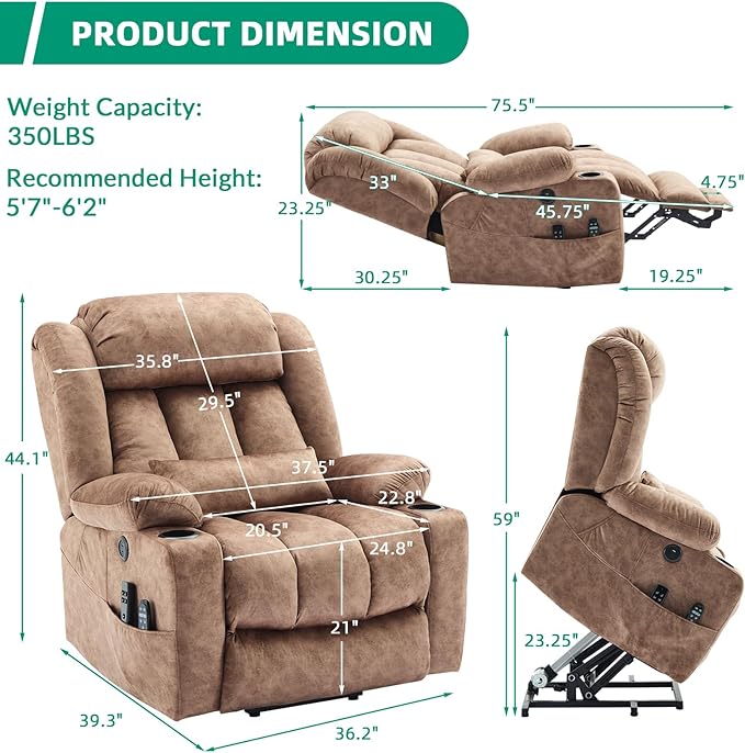 VIVIJASON Tall Man Large Dual Motor Power Lift Recliner Chair with Extended Footrest, Oversized Lay Flat Sleeper Electric Recliner W/Heat & Massage, Lumbar Pillow, USB & Type-C Ports, Plush Brown