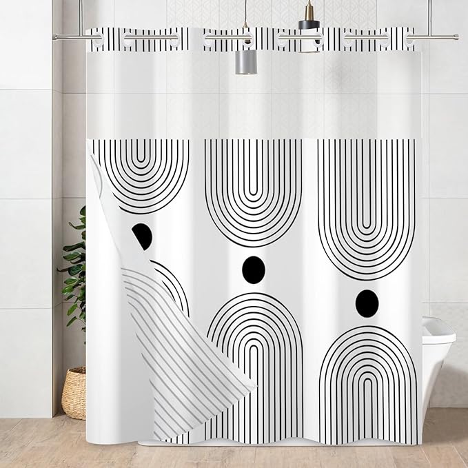 No Hook Shower Curtain with Snap in Liner, White and Black Mid Century Modern Arch Heavy Duty See Through Window Waterproof Machine Washable Bathroom Curtain 71" W x 74" L (Pack of 1)