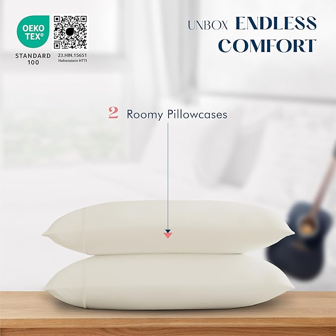 XOOX Linen 100% Cotton Pillowcases - King Size Set of 2, 500 Thread Count, Ultra Soft, Breathable, Cooling Pillow Cases for Sleeping, Pillow Covers - Ivory