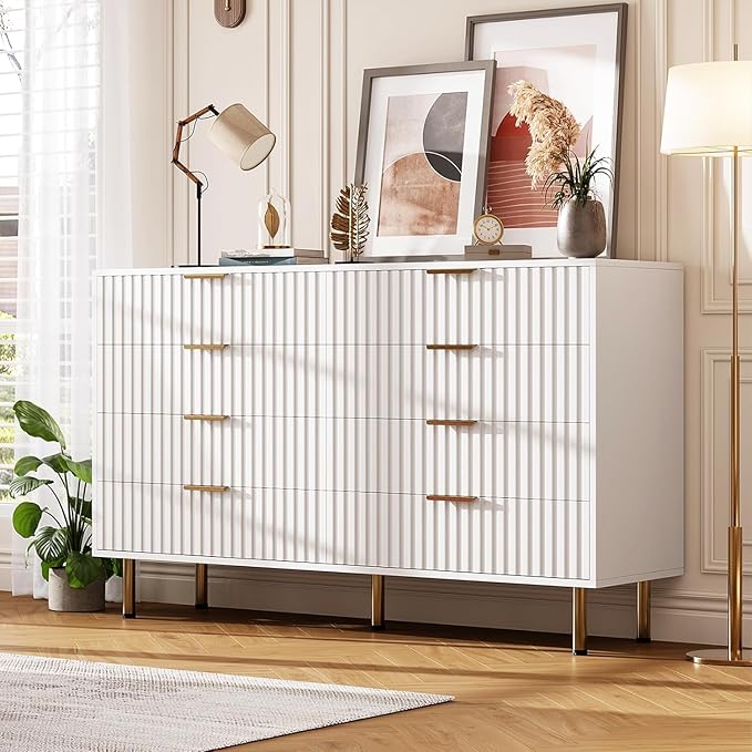 8 Drawer Dresser for Bedroom, Fluted 55" Wide Modern Chest of Drawers with Deep Drawers, Wooden Dresser Organizer for Living Room, Hallway, Kids Room, White