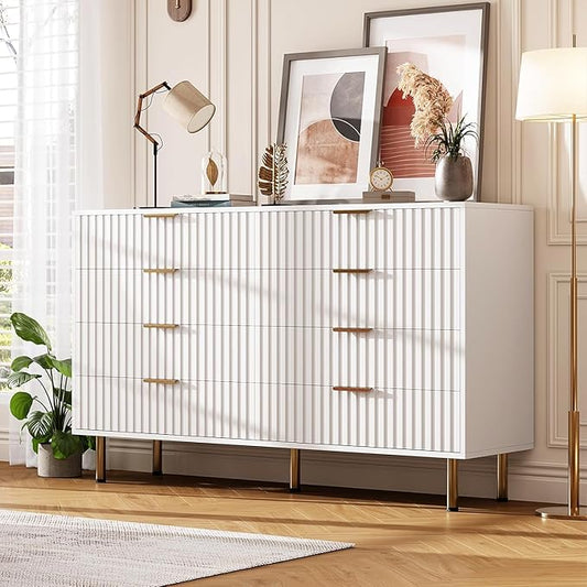8 Drawer Dresser for Bedroom, Fluted 55" Wide Modern Chest of Drawers with Deep Drawers, Wooden Dresser Organizer for Living Room, Hallway, Kids Room, White