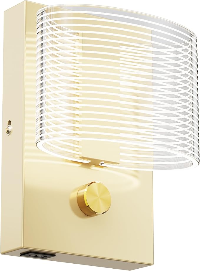 URSOLA Wall Sconce LED Wall Lamp with Dimmer Switch and USB Charging Port Oval Linear Sleek Lampshade 110 Volt Hardwired Wall Light 4000K Sconces Wall Lighting (Gold)