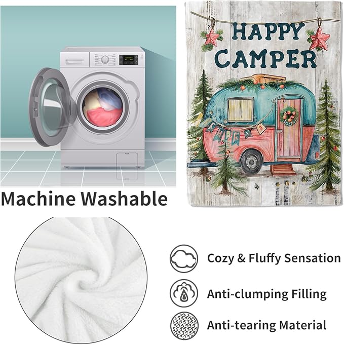 Camper Flannel Blanket, Camp Gifts, Camping-Themed Blanket for Women, Soft Lightweight Throw Blankets for Bed Home Travel Decor 50" x 60"