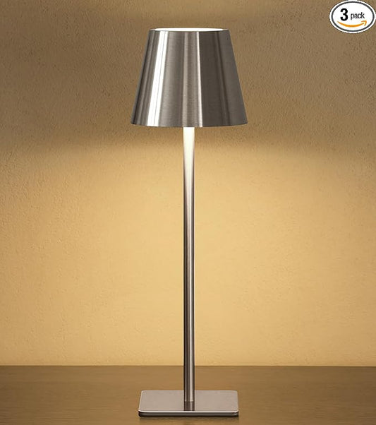 UME Cordless Table Lamp, Battery Operated Lamp - Portable Waterproof Rechargeable Table Lamp w/ 3 Color Temps & Stepless Dimming for Dinner, Desk, Cafe, Outdoor (Brushed Silver)