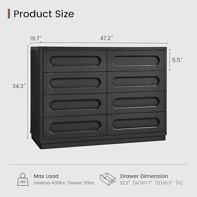 Black Dresser for Bedroom with 8 Drawers, 47.2" Wide Dresser for Closet with Deep Drawer, Large Wood TV Stand, Modern Chest of Drawers for Bedroom, Hallway
