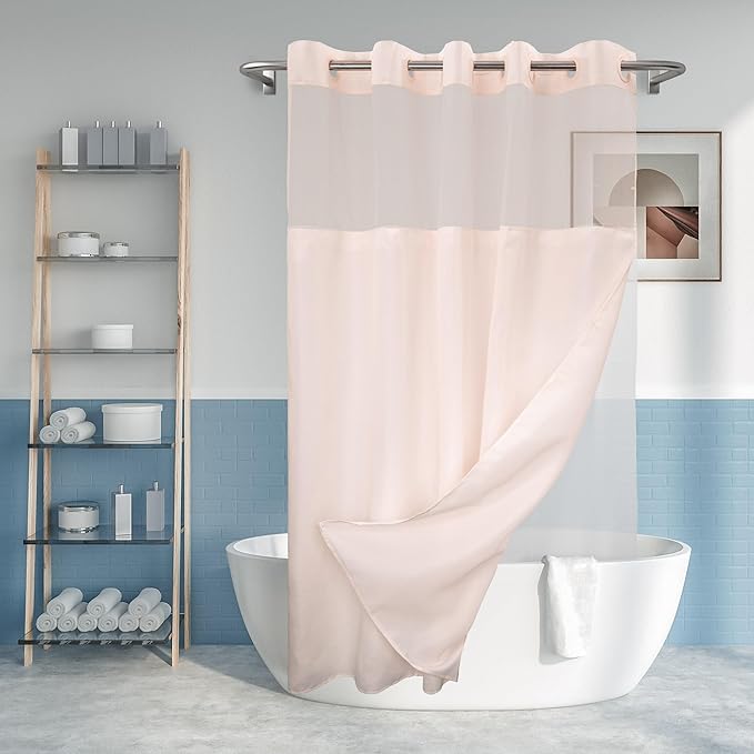 No Hook Slub Textured Shower Curtain with Snap-in PEVA Liner Set - 71" x 74"(72"), Hotel Style with See Through Top Window, Fabric Outer Curtain & Waterproof Inner Liner, Pink, 71x74
