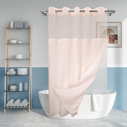 No Hook Slub Textured Shower Curtain with Snap-in PEVA Liner Set - 71" x 74"(72"), Hotel Style with See Through Top Window, Fabric Outer Curtain & Waterproof Inner Liner, Pink, 71x74