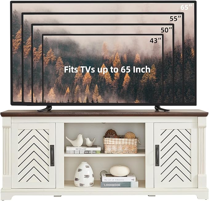 Farmhouse TV Stand for 65+ Inch TV, 25" Tall Entertainment Center with Barn Door, Rustic TV Stands for Bedroom with Adjustable Shelf, Wooden TV Consoles for Living Room, Antique White
