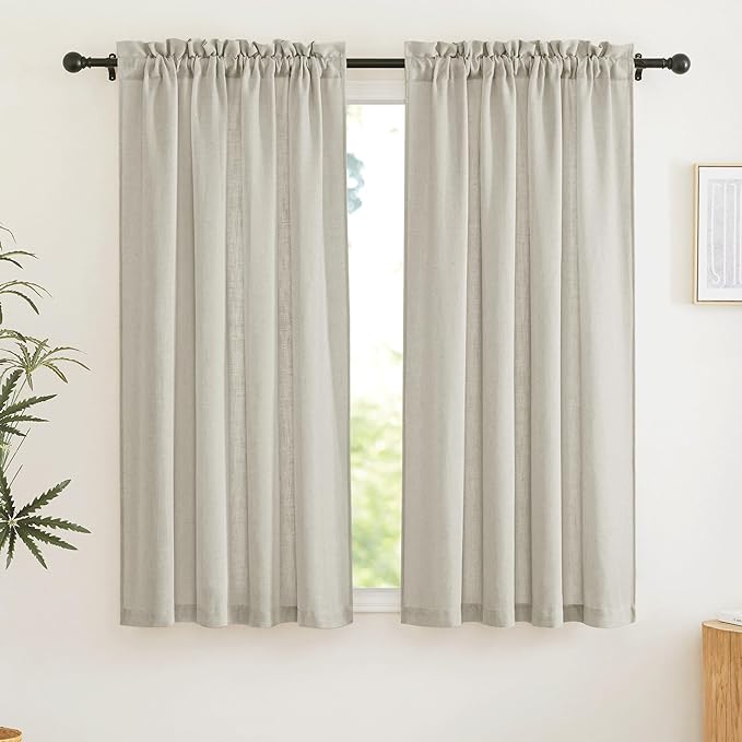 RYB HOME Linen Textured Semi Sheer Curtains Half Privacy Light Glare Filtering Breezy Airy Window Decor for Bedroom Bathroom Living Room, Angora, W 34 x L 63 inch, 2 Panels