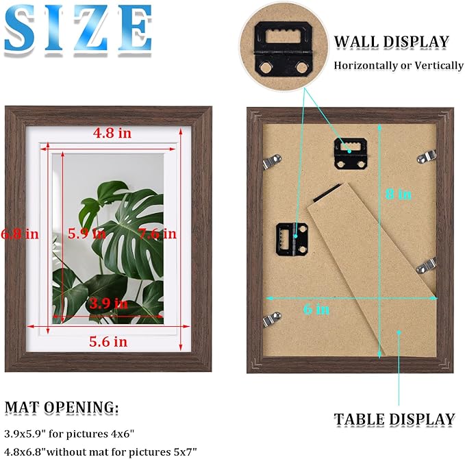 Egofine 6x8 Picture Frame Made of Solid Wood with Plexiglass, Display Pictures 4x6/5x7 with Mat or 6x8 Without Mat for Tabletop and Wall Mounting, Rustic Brown