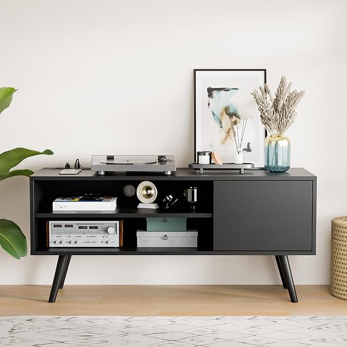 Cozy Castle TV Stand for 48 Inch TV, Mid Century Modern Entertainment Center with Storage Cabinet, TV Media Console for Living Room, Bedroom, Black