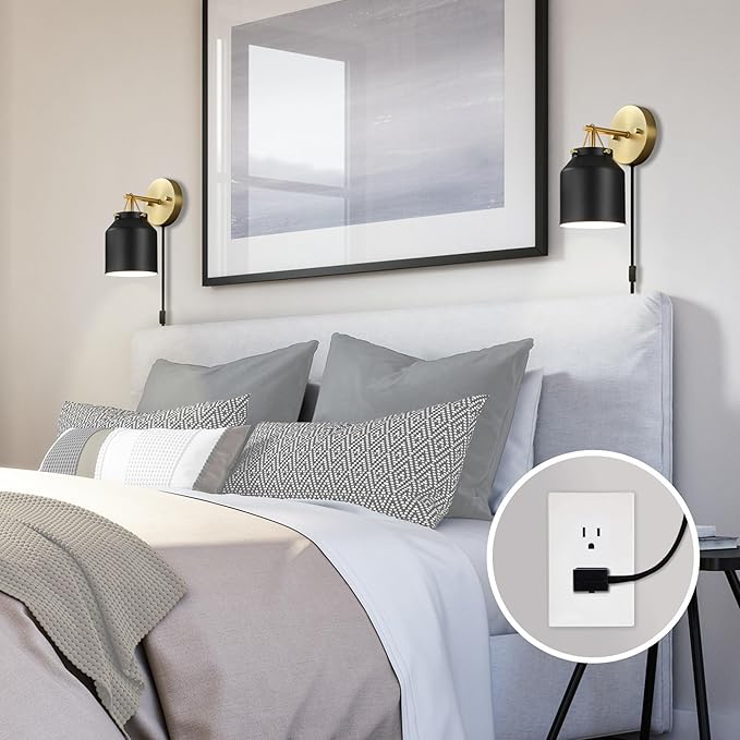 GLOBE Electric 65000102 1-Light Plug-in or Hardwire Wall Sconce, Matte Black, Matte Brass Accents, 6ft Black Braided Fabric Cord, in-Line Rocker Switch, Wall Lights for Living Room