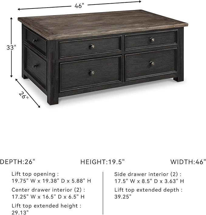 Signature Design by Ashley Tyler Creek Rustic Farmhouse Lift Top Coffee Table with Drawers, Brown & Black