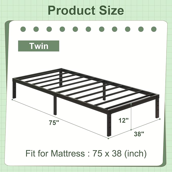 12 Inch Twin Bed Frames, Heavy Duty Metal Bed Frame Twin Size, No Box Spring Needed, Easy Assembly, Noise-Free, Black