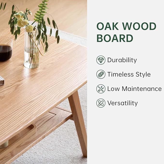 100% Solid Wood Coffee Table for Living Room, 2-Tier Mid Century Modern Small Tables with Shelf Storage, Storage Coffee Table with Rounded Corners (Oak Wood Log Color, 31.5'' L)