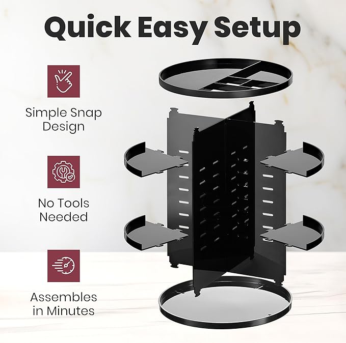 360 Rotating Makeup Organizer - Adjustable Shelf Height and Fully Rotatable. The Perfect Cosmetic Organizer for Bedroom Dresser or Vanity Countertop. (Black)